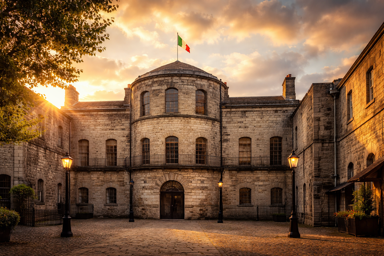 Dublin cityscape at sunset with Ha'penny Bridge